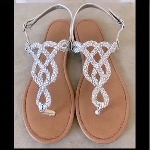 Silver Strap Design Sandals Shoes: Ankle Wrap, Braided Strap Design, Sz. 7